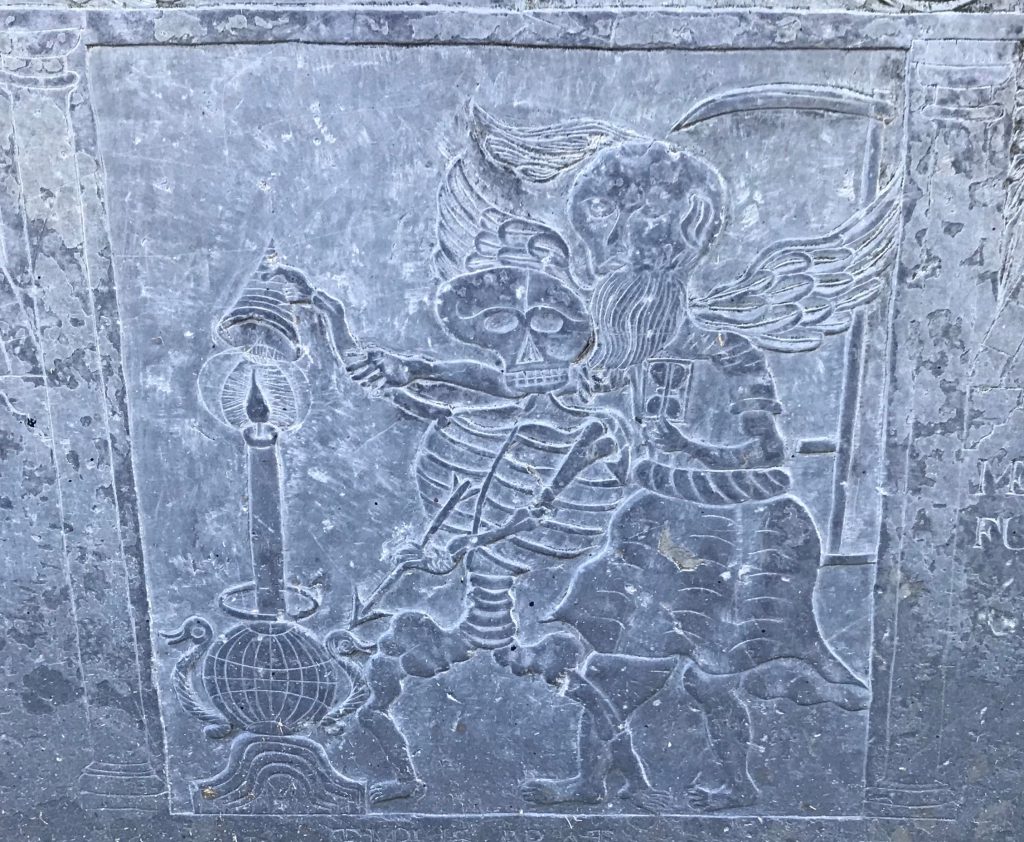 Skeleton, Winged Effigy, Candle, Mortality, Father Time, Scythe Kings Chapel Cemetery, Boston, Massachusetts, USA