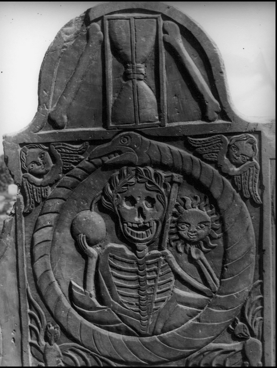 Ouroboros, skeleton, hourglass, sun, scythe, bat, winged , Henry Christian Geyercherub