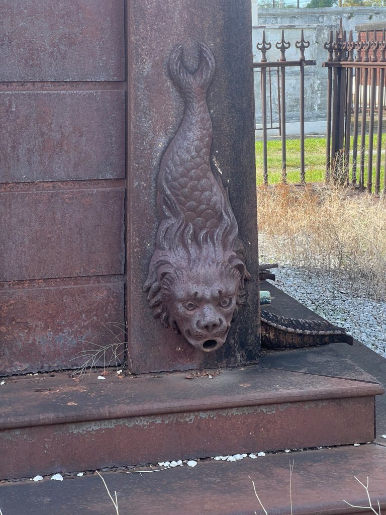 Leeds Mausoleum, New Orleans, Louisiana, Cast Iron Mausoleum, Fish downspout