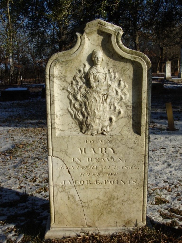 mary in flames, story stones, cemetery, tombstone